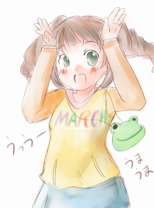 ogu, takatsuki yayoi, idolmaster, idolmaster (classic), idolmaster 1, 00s, 1girl, brown hair, female focus, green eyes, open mouth, raglan sleeves, solo, twintails