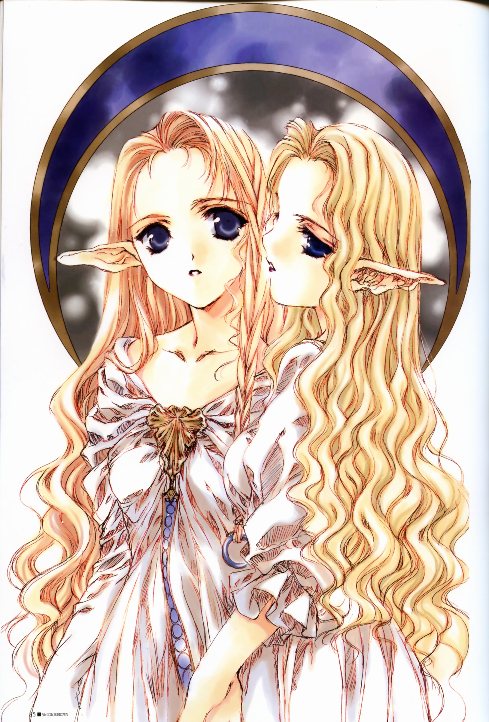 nanase aoi, seven colors of the wind, absurdres, artbook, highres, 2girls, blonde hair, braid, elf, long hair, multiple girls, pointy ears