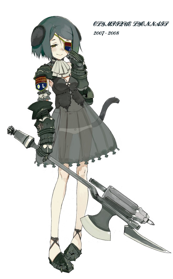 fakepucco, original, 1girl, armor, axe, breasts, eyepatch, fantasy, female focus, hammer, panties, see-through clothes, skirt, solo, tail, underwear, weapon