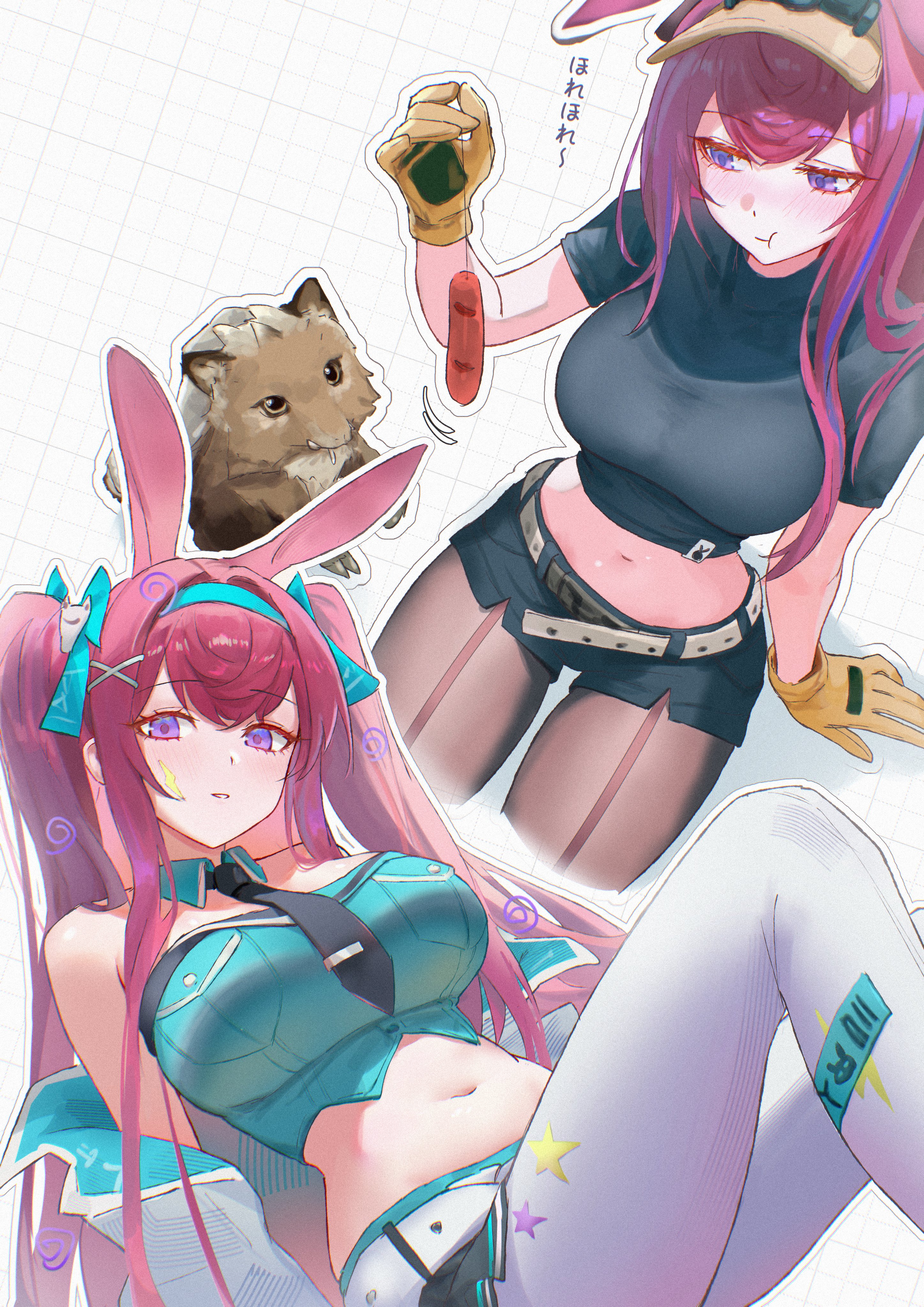 uof, ray (arknights), ray (dreaming high) (arknights), arknights, absurdres, commentary, highres, revision, 1girl, animal, animal ears, aqua collar, aqua hairband, aqua shirt, belt, black necktie, black shirt, black skirt, blue hairband, breasts, closed mouth, collar, detached collar, expressionless, food, gloves, hair ribbon, hairband, holding, holding food, jacket, large breasts, leggings, light blush, lightning bolt facial mark, long hair, looking at viewer, midriff, miniskirt, multiple views, navel, necktie, off shoulder, official alternate costume, open clothes, open jacket, outline, parted lips, purple eyes, purple hair, rabbit ears, ribbon, sausage, shirt, short sleeves, skirt, strapless, thread, tie clip, twintails, visor cap, white belt, white jacket, white leggings, yellow gloves