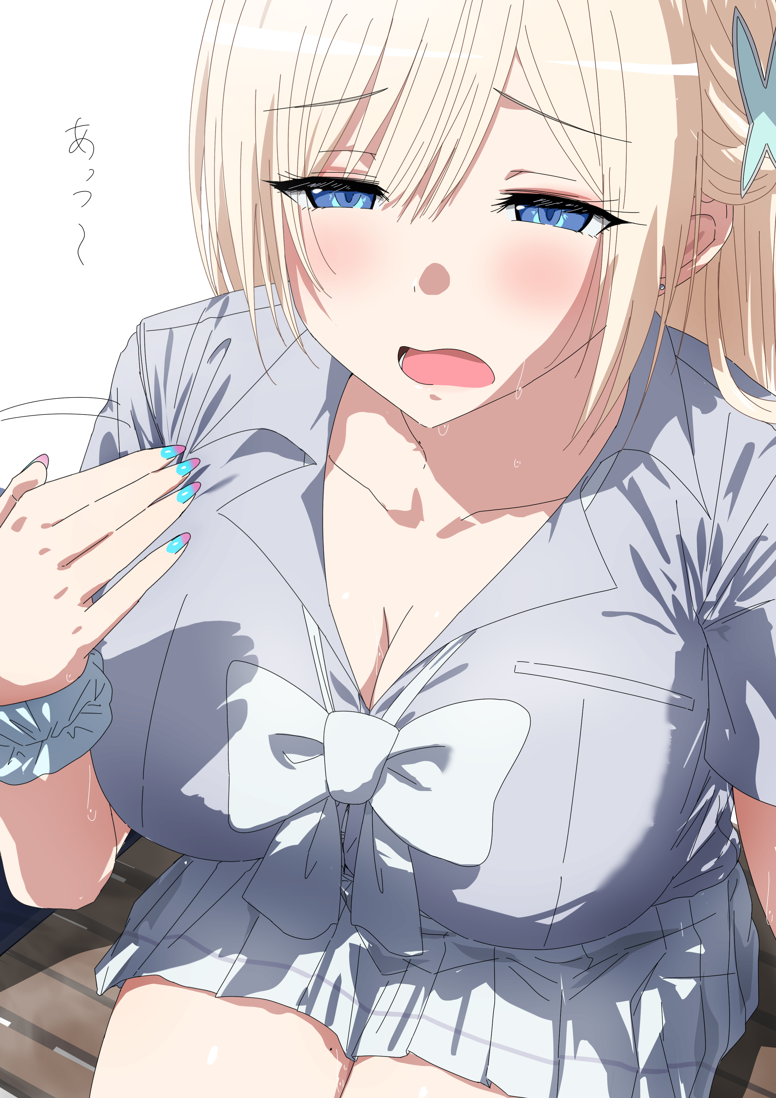 misaki nonaka, original, absurdres, highres, translation request, 1girl, blonde hair, blue eyes, blue nails, bow, bowtie, breasts, cleavage, grey shirt, hair ornament, large breasts, long hair, multicolored nails, open mouth, pink nails, school uniform, scrunchie, shadow, shirt, sitting, skirt, solo, sweat, swimsuit, two-tone nails, white bow, white bowtie, white skirt, wrist scrunchie
