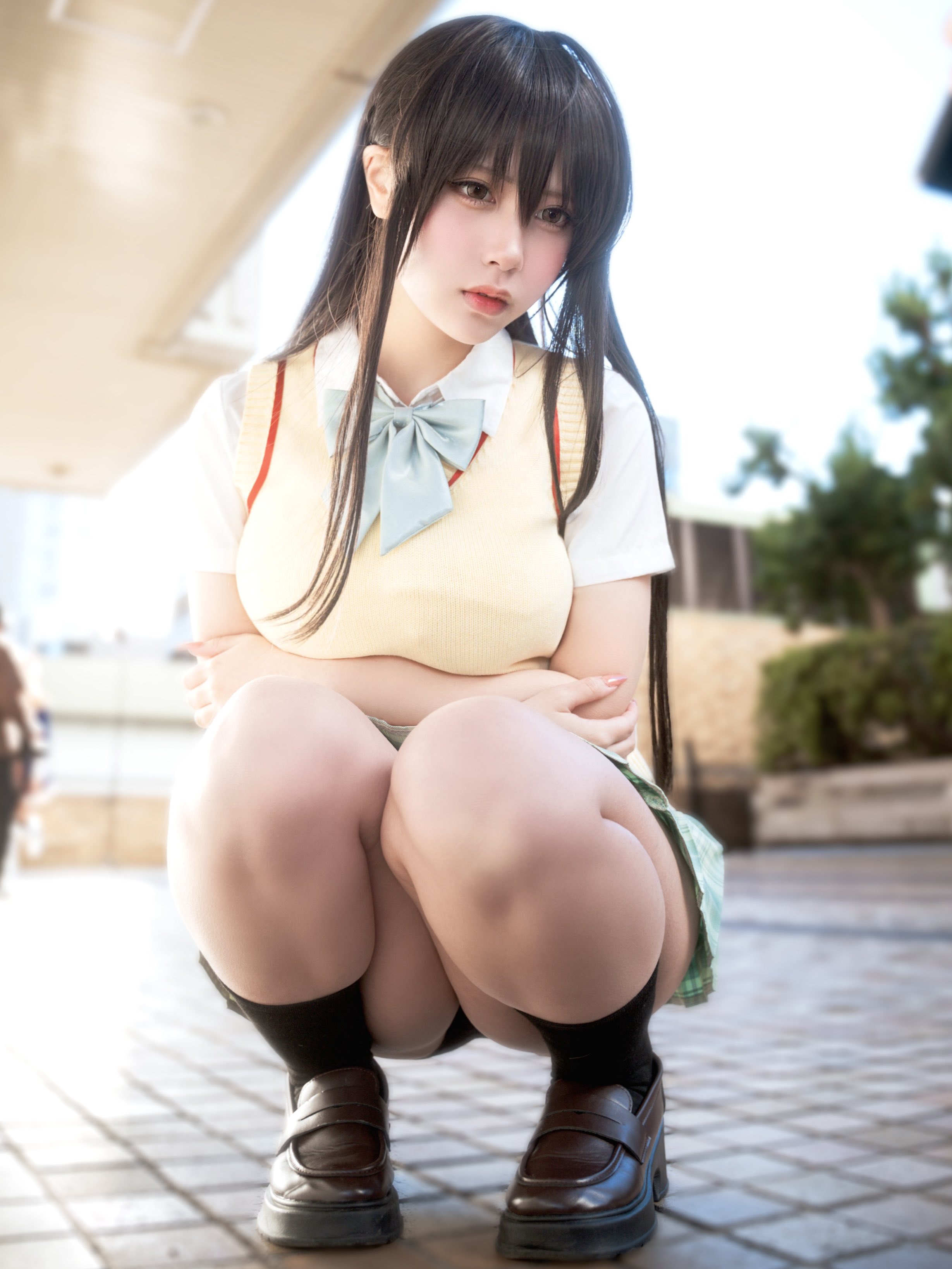 ayunochan, kotegawa yui, real life, to love-ru, absurdres, cosplay photo, highres, photo (medium), 1girl, black panties, black socks, blurry, blurry background, bow, breasts, brown eyes, brown hair, brown shoes, depth of field, dress shoes, green skirt, long hair, looking at viewer, outdoors, panties, shirt, shoes, skirt, socks, solo, squatting, sweater vest, underwear, white shirt, yellow sweater vest