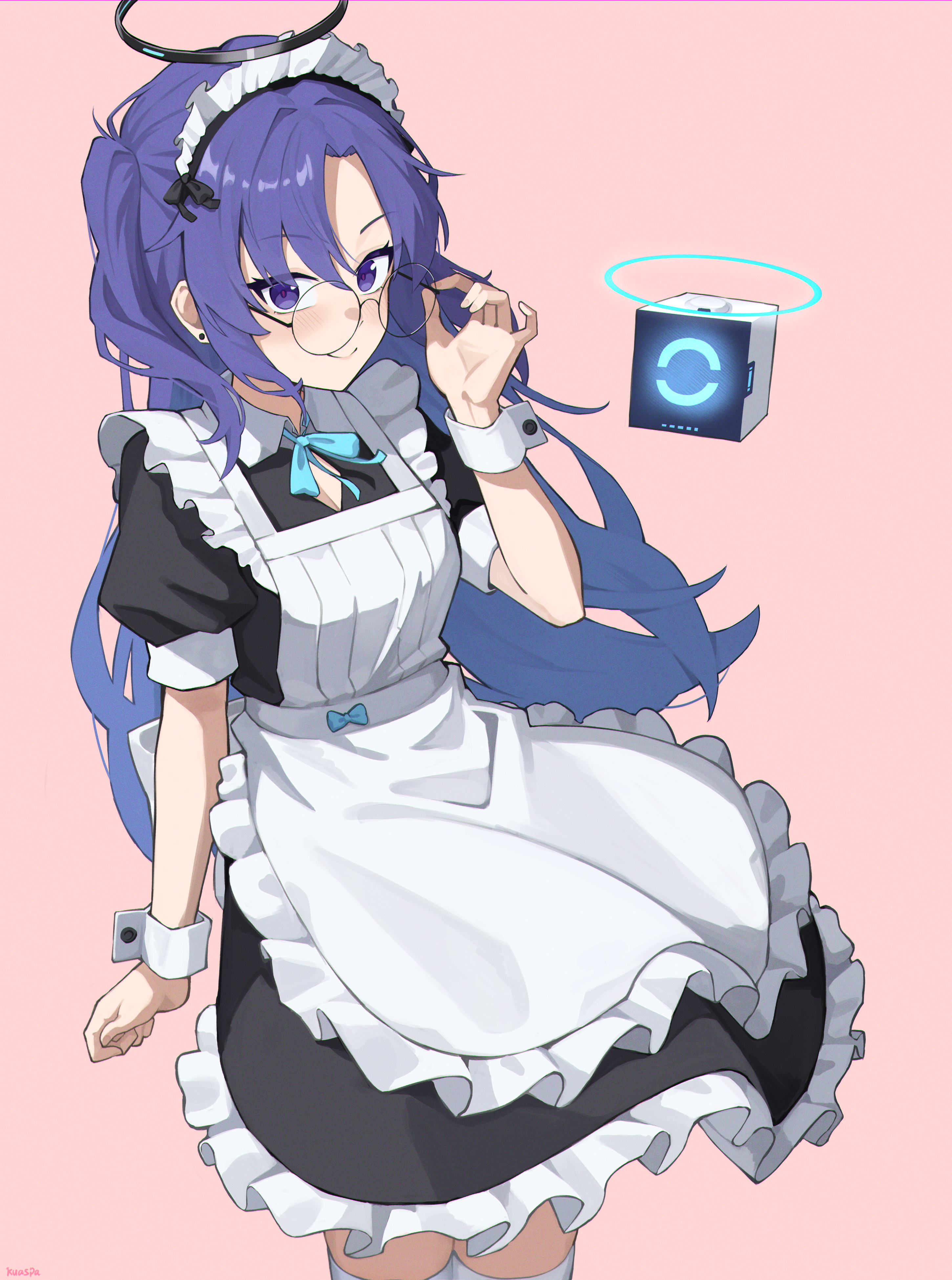 kuaspa, yuuka (blue archive), blue archive, absurdres, commentary, highres, 1girl, adjusting eyewear, alternate costume, apron, bespectacled, black dress, blue eyes, blue hair, breasts, closed mouth, dress, earrings, enmaided, glasses, halo, hand up, jewelry, long hair, looking at viewer, maid, maid apron, maid headdress, mechanical halo, medium breasts, pink background, puffy short sleeves, puffy sleeves, round eyewear, short sleeves, simple background, smile, solo, standing, stud earrings, white apron, wrist cuffs
