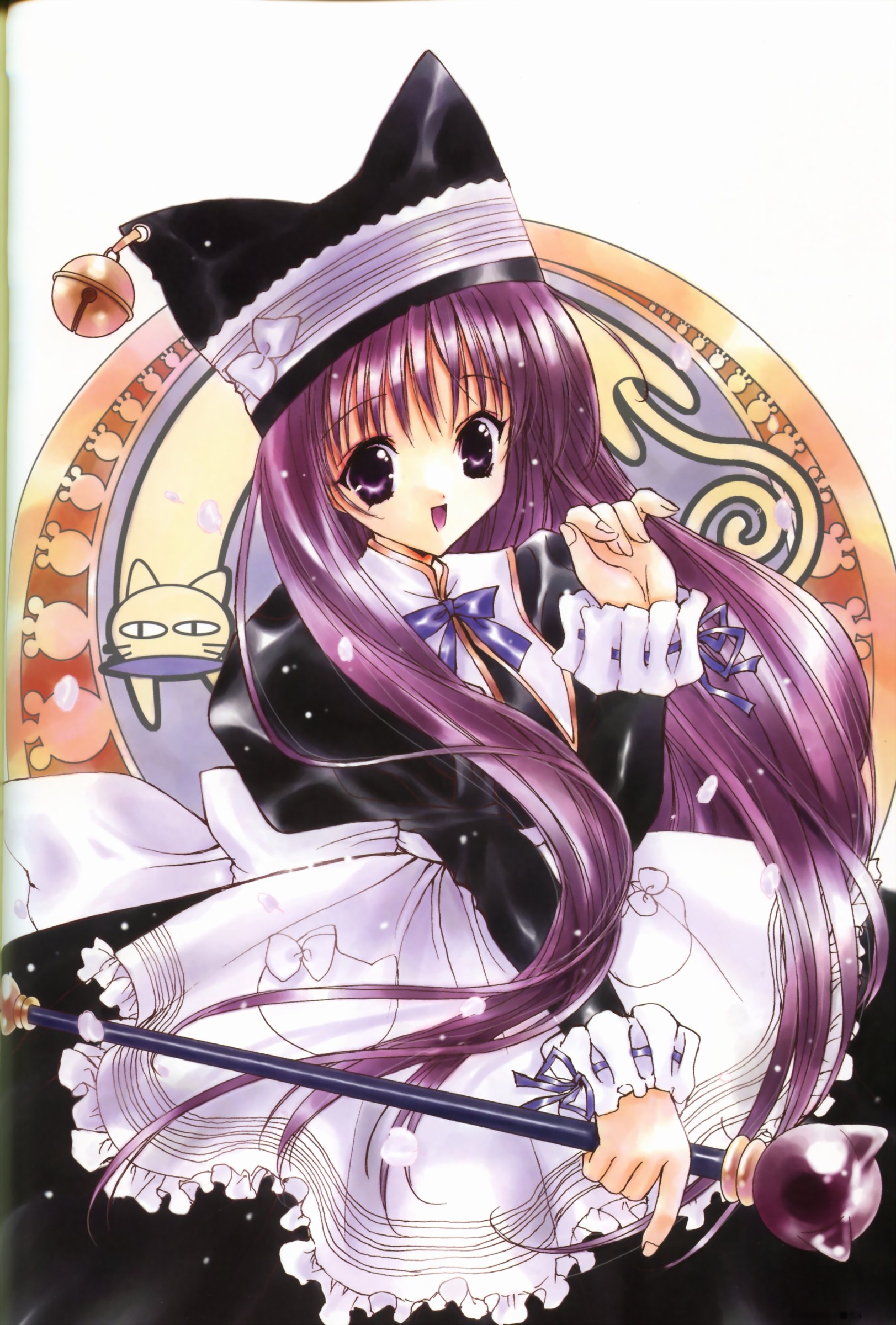 nanase aoi, seven colors of the wind, baton, absurdres, artbook, highres, apron, bell, bow, cat, frills, hat, long hair, solo