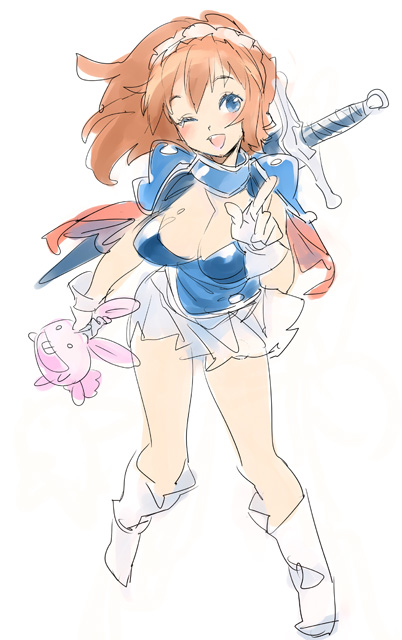 nishieda, bad id, bad pixiv id, 1girl, blue eyes, boots, female focus, gloves, one eye closed, orange hair, simple background, solo, stuffed toy, sword, weapon, wink