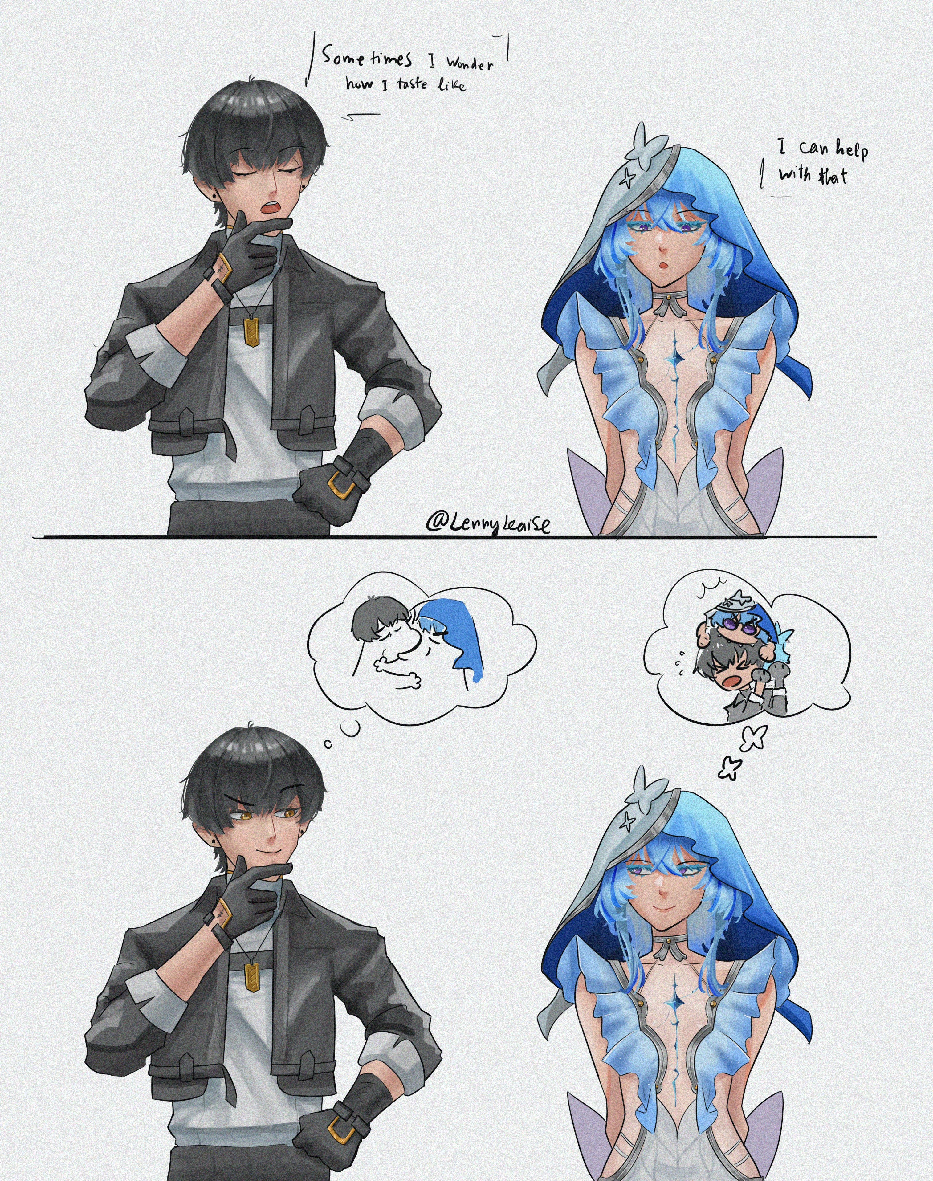 lennykaise, male rover (wuthering waves), rover (wuthering waves), shorekeeper (wuthering waves), wuthering waves, absurdres, commentary, hashtag-only commentary, highres, 1boy, 1girl, arms behind back, biting, black gloves, black hair, black jacket, blue veil, closed mouth, colored eyelashes, dress, english text, gloves, grey shirt, head biting, jacket, looking at another, purple eyes, shirt, sleeveless, sleeveless dress, smile, thinking, two-tone veil, veil, white dress, white veil, yellow eyes