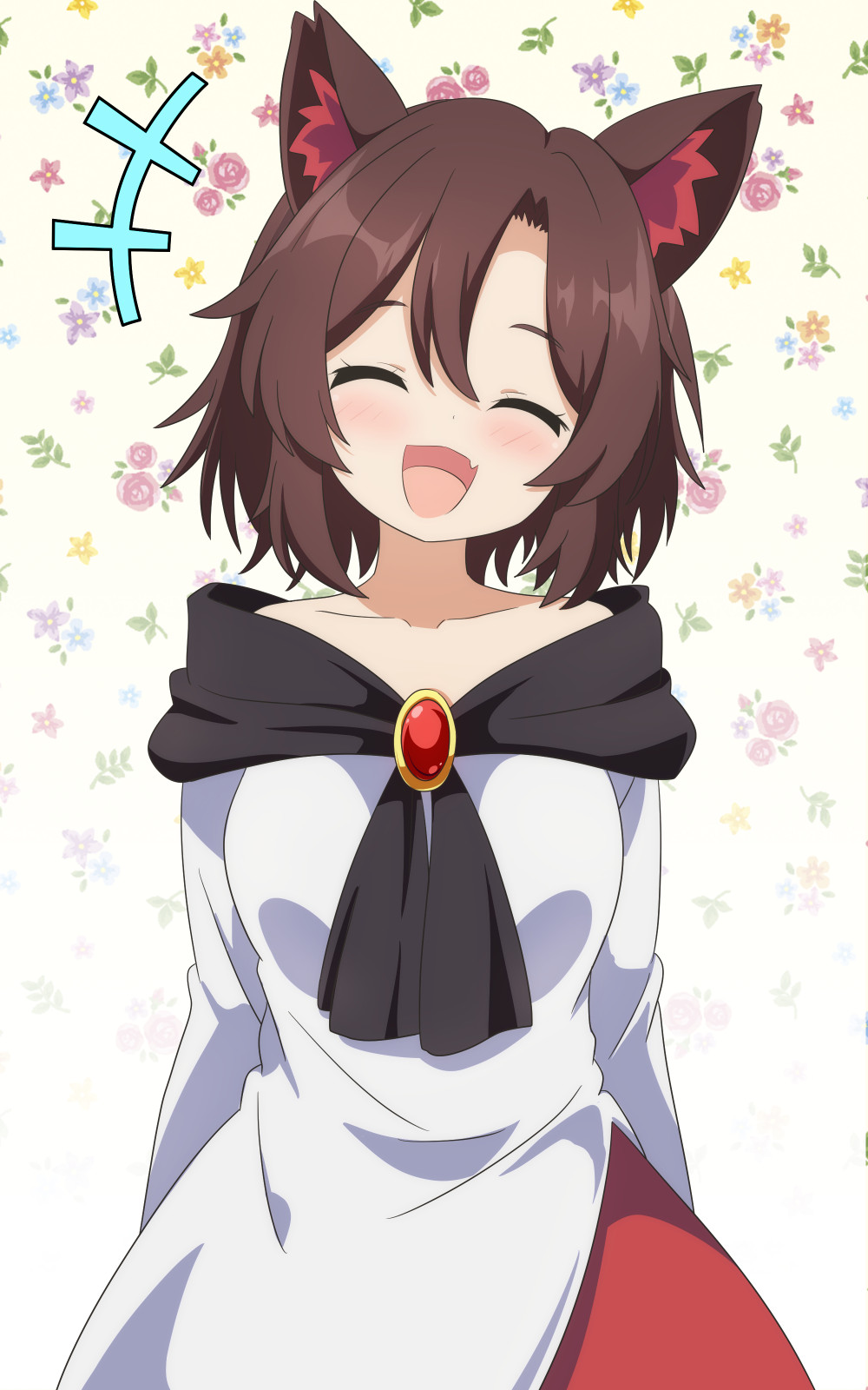 cato (monocatienus), imaizumi kagerou, touhou, highres, 1girl, alternate hair length, alternate hairstyle, animal ears, breasts, brooch, brown hair, cleavage, closed eyes, dress, facing viewer, fang, jewelry, short hair, skin fang, smile, solo, wolf ears, wolf girl
