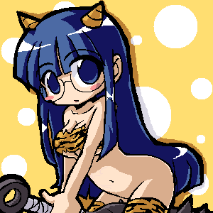 urusei yatsura, lowres, 1girl, animal print, blue hair, club, club (weapon), cone horns, female focus, glasses, horns, kanabou, oekaki, oni, parody, solo, striped horns, thighhighs, tiger print, weapon