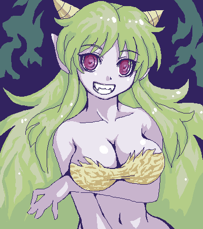 lum, urusei yatsura, breast hold, lowres, 1girl, animal print, bandeau, bikini, bikini top only, blue skin, breasts, cleavage, colored skin, cone horns, crazy eyes, demon girl, fangs, female focus, green hair, grin, horns, large breasts, long hair, navel, oekaki, oni, pointy ears, purple eyes, smile, solo, strapless, striped horns, swimsuit, tiger print, tube top, very long hair
