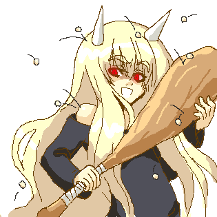 lowres, beans, blonde hair, club (weapon), demon girl, horns, mamemaki, oekaki, oni, red eyes, solo, weapon