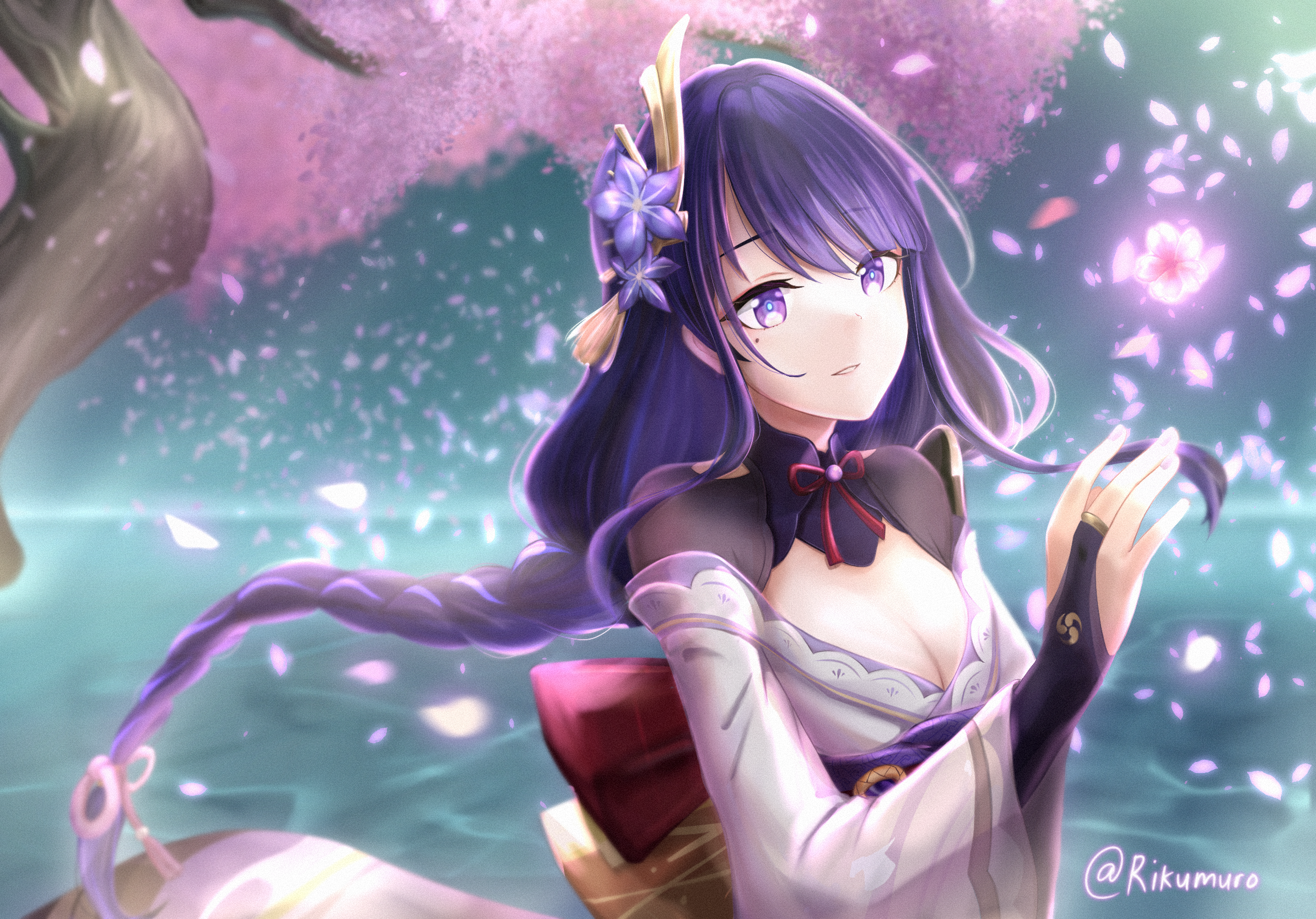 rikumuro, raiden shogun, genshin impact, commentary, english commentary, highres, 1girl, aqua background, armor, artist name, back bow, blue pupils, blunt bangs, blurry, blurry background, bow, breasts, bridal gauntlets, cherry blossoms, cleavage, clothing cutout, falling petals, fan hair ornament, floating, flower, flower ornament, glowing, glowing flower, glowing hair, glowing petals, gradient hair, hair flowing over, hair ornament, hair ribbon, head tilt, japanese clothes, kimono, large breasts, long sleeves, looking to the side, mitsudomoe (shape), mole, mole under eye, multicolored eyes, multicolored hair, neck ribbon, off shoulder, parted lips, petals, pink petals, pink ribbon, purple eyes, purple flower, purple hair, purple kimono, red ribbon, red sash, ribbon, sash, shade, shoulder armor, shoulder cutout, solo, standing, streaked hair, tomoe (symbol), tree, twitter username, upper body, wide sleeves