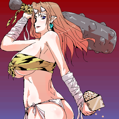 lowres, 1girl, animal print, beans, breasts, club, club (weapon), demon, demon girl, female focus, horns, huge breasts, kanabou, mace, oekaki, oni, panties, solo, spikes, thong, tiger print, underwear, weapon