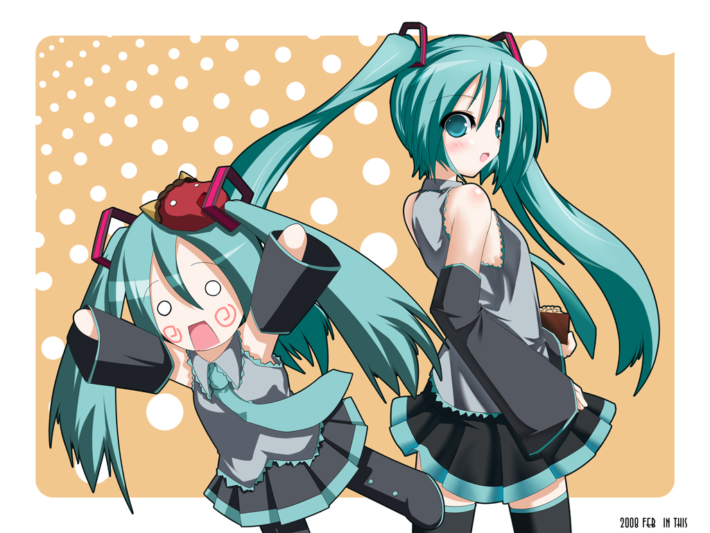 chu (chu inthis), hatsune miku, vocaloid, beige background, 1girl, aqua hair, aqua necktie, arms up, black thighhighs, blue eyes, blush, border, chibi, collared shirt, cowboy shot, detached sleeves, empty eyes, falling, headgear, long sleeves, looking at viewer, miniskirt, necktie, o o, pleated skirt, shirt, simple background, skirt, sleeveless, sleeveless shirt, thighhighs, twintails