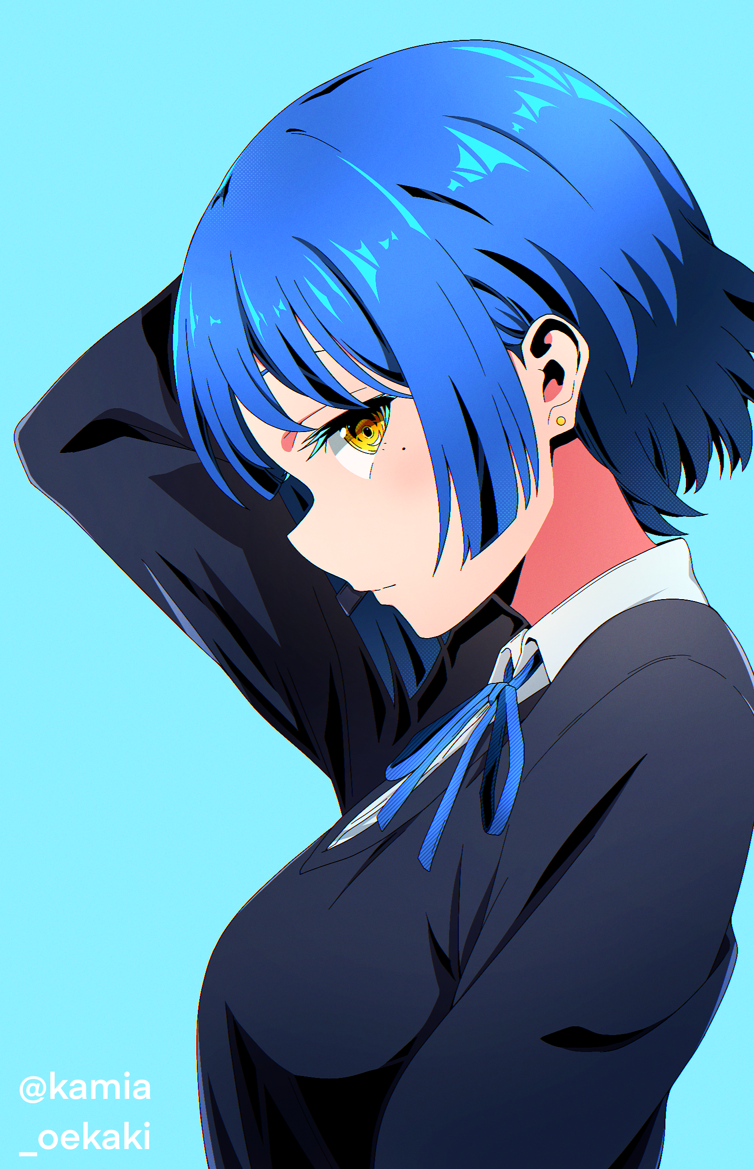 kamia oekaki, yamada ryo, bocchi the rock!, absurdres, highres, 1girl, arm behind head, blue background, blue hair, blue ribbon, blue sweater, earrings, from side, hair ornament, jewelry, long sleeves, looking at viewer, mole, mole under eye, neck ribbon, ribbon, school uniform, shimokitazawa high school uniform, shirt, short hair, simple background, solo, sweater, twitter username, upper body, white shirt, yellow eyes