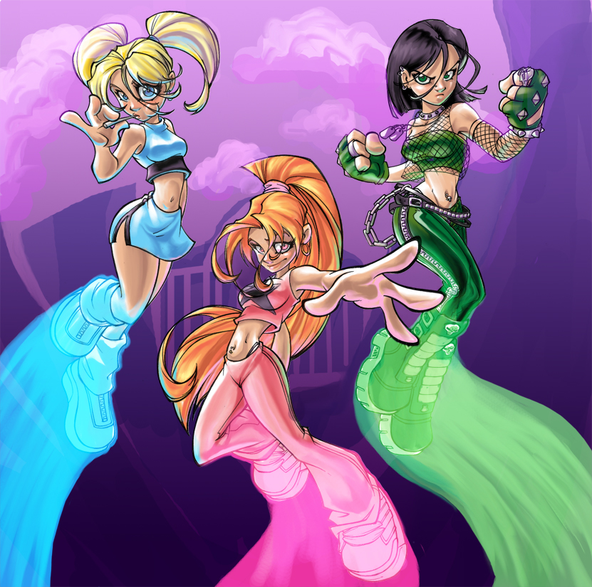 akazutsumi momoko, goutokuji miyako, hyper blossom, matsubara kaoru, powered buttercup, rolling bubbles, powerpuff girls, powerpuff girls z, artist request, 3girls, multiple girls, narrow waist