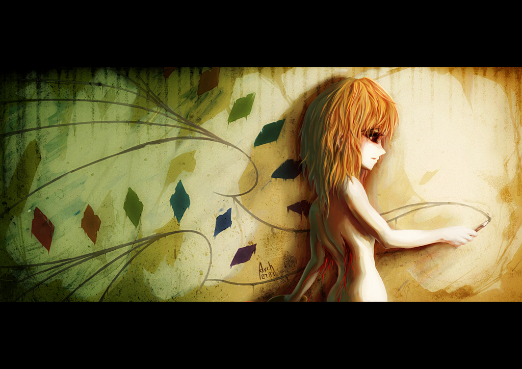 archlich, flandre scarlet, touhou, bad deviantart id, bad id, 1girl, artist name, bleeding, blood, completely nude, dated, female focus, injury, letterboxed, no wings, nude, paintbrush, painting (action), solo, upper body