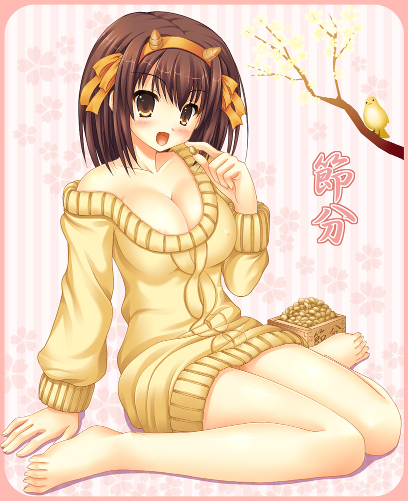 uehiro, suzumiya haruhi, suzumiya haruhi no yuuutsu, translation request, 00s, 1girl, areola slip, barefoot, bird, blush, bottomless, breasts, cleavage, dress, feet, female focus, large breasts, mamemaki, masu, naked sweater, nipple slip, nipples, open mouth, setsubun, sitting, solo, sweater, sweater dress, wariza