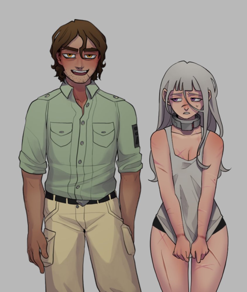 boyfriend to death, commentary, english commentary, 1boy, 1girl, :d, artist self-insert, averting eyes, bags under eyes, beard stubble, belt, black panties, blunt bangs, breasts, brown eyes, brown hair, cleavage, clothes pull, collar, covering privates, cowboy shot, cross scar, d:, dark-skinned male, dark skin, facial hair, green jacket, hand in pocket, hetero, jacket, looking at another, looking at viewer, mullet, multiple scars, open mouth, orange eyes, panties, parody, scar, scar on arm, scar on breasts, scar on leg, shirt pull, sleeves rolled up, smile, soureeeee, standing, strade (boyfriend to death), stubble, style parody, tank top, underwear, white hair, white tank top