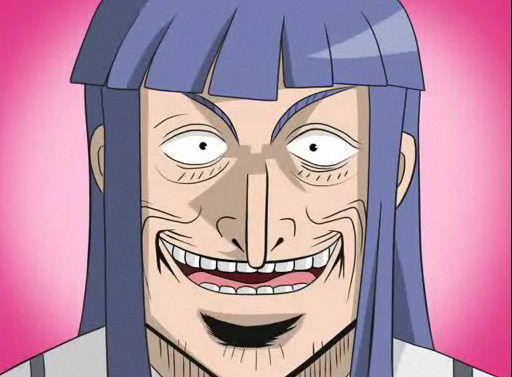 furude rika, washizu iwao, akagi, akagi: yami ni oritatta tensai, fukumoto mahjong, higurashi no naku koro ni, 1boy, :d, blunt bangs, crossover, gradient background, looking at viewer, male focus, manly, open mouth, parody, pink background, sidelocks, simple background, smile, solo, teeth, wide-eyed, wrinkled skin