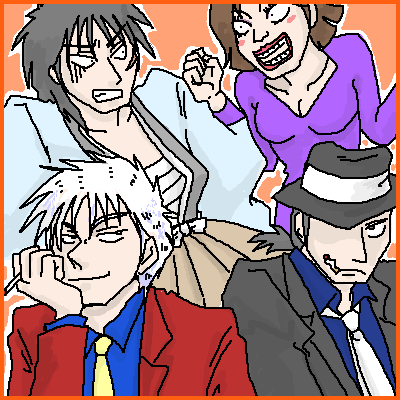 akagi shigeru, arsene lupin iii, ishikawa goemon xiii, itou kaiji, jigen daisuke, mine fujiko, akagi, akagi: yami ni oritatta tensai, fukumoto mahjong, kaiji, lupin iii, lowres, 1girl, 3boys, arsene lupin iii (cosplay), black jacket, cosplay, crossover, ishikawa goemon xiii (cosplay), jacket, jigen daisuke (cosplay), mine fujiko (cosplay), multiple boys, necktie, oekaki, parody, red jacket, white necktie, yellow necktie