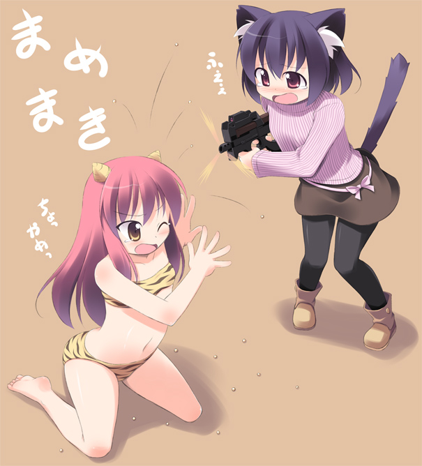 kagura yuuki, original, animal ears, bikini, bullpup, cat ears, demon girl, flat chest, gun, horizontal magazine, horns, mamemaki, oni, p90, pantyhose, personal defense weapon, see-through clothes, setsubun, submachine gun, swimsuit, translucent, weapon