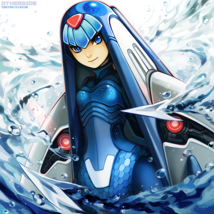 teatea, fairy leviathan (mega man), capcom, mega man (series), mega man zero (series), mega man zero 2, 1girl, android, blue eyes, blue hair, female focus, matching hair/eyes, mecha musume, robot, solo, water