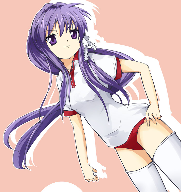 ixy, fujibayashi kyou, clannad, 00s, buruma, gym uniform, hair ribbon, long hair, purple eyes, purple hair, ribbon, solo, thighhighs
