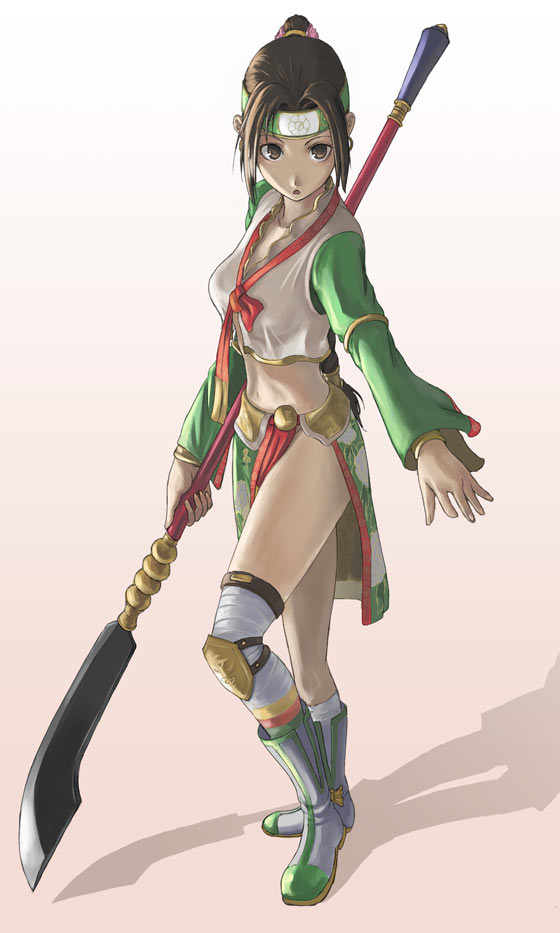 tea (nakenashi), seong mi-na, soul calibur, soulcalibur, soulcalibur iv, 1girl, asymmetrical legwear, boots, braid, brown eyes, brown hair, female focus, glaive (polearm), halberd, headband, kneehighs, korean clothes, midriff, mismatched legwear, navel, partisan (weapon), pelvic curtain, polearm, single braid, single kneehigh, single sock, single thighhigh, skirt, socks, solo, thighhighs, weapon