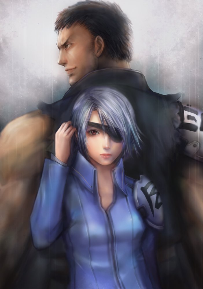 miche, fujin (ff8), raijin (ff8), final fantasy, final fantasy viii, bad id, bad pixiv id, 1990s (style), 1boy, 1girl, black hair, eyepatch, jacket, realistic, red eyes, short hair, shoulder pads, siblings, smile, torn clothes, white hair