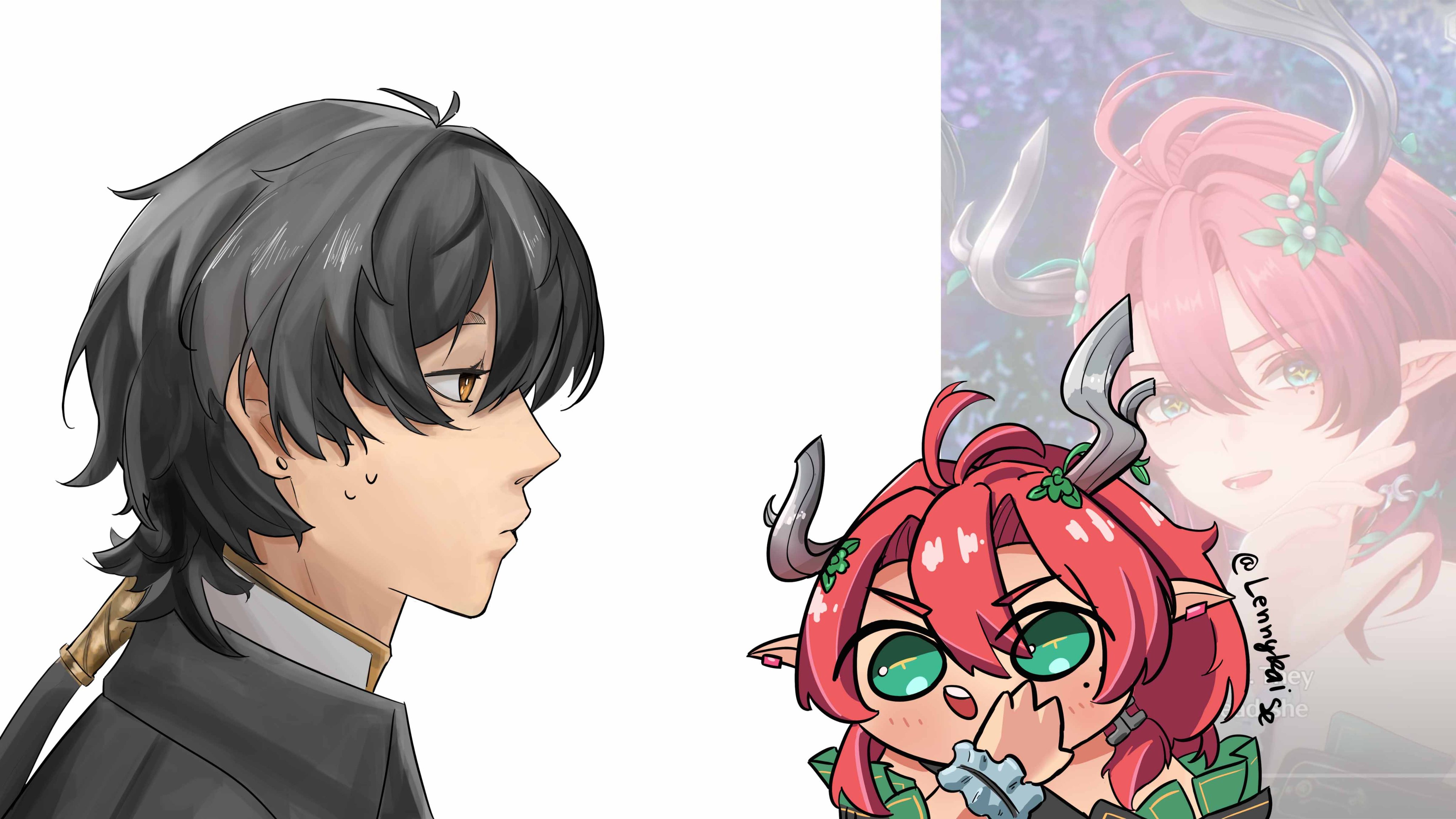 lennykaise, ciaccona (wuthering waves), male rover (wuthering waves), rover (wuthering waves), wuthering waves, absurdres, commentary, hashtag-only commentary, highres, 1boy, 1girl, black hair, closed mouth, frilled wrist cuffs, frills, game screenshot inset, green eyes, hair between eyes, hand up, pointy ears, red hair, sweatdrop, tree horns, white wrist cuffs, wrist cuffs, yellow eyes