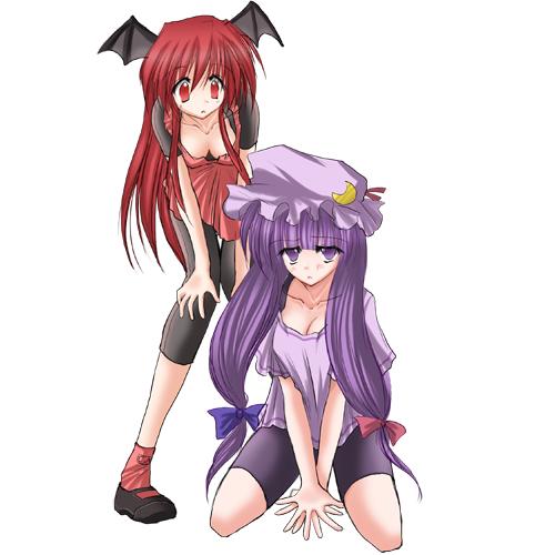 danshaku, koakuma, patchouli knowledge, embodiment of scarlet devil, touhou, duplicate, jpeg artifacts, lowres, 2girls, alternate costume, female focus, gym uniform, head wings, multiple girls, purple hair, red hair, wings