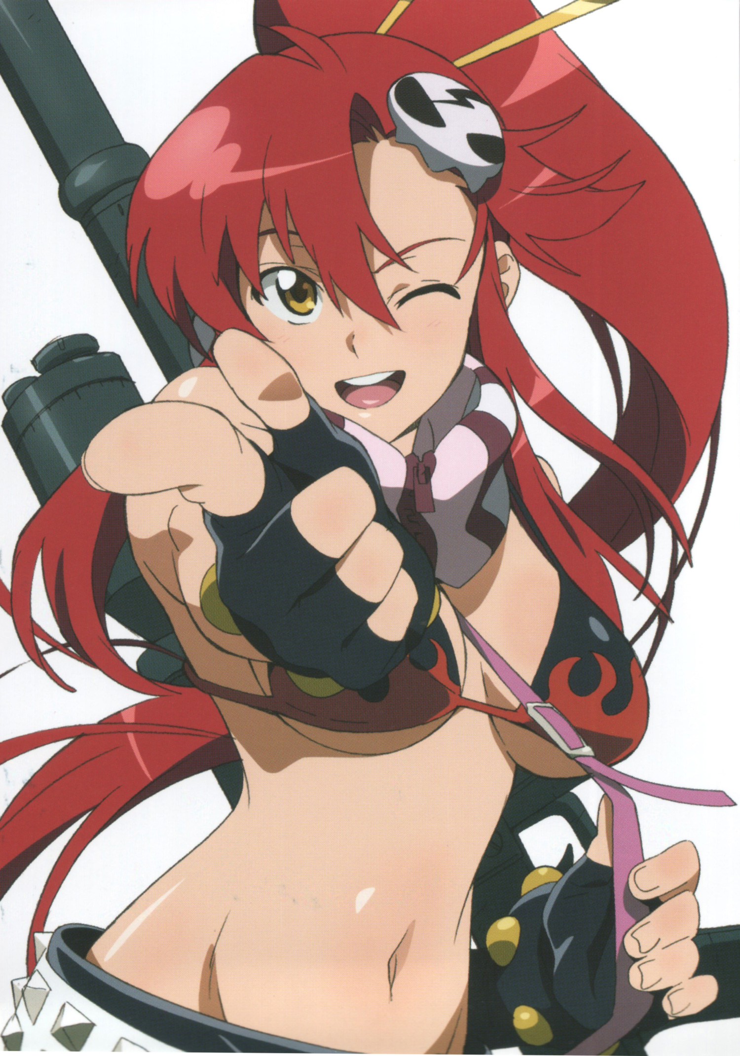 yoko littner, tengen toppa gurren lagann, highres, scan, 00s, 1girl, bikini, bikini top only, female focus, gloves, gun, long hair, ponytail, red hair, solo, swimsuit, weapon, yellow eyes