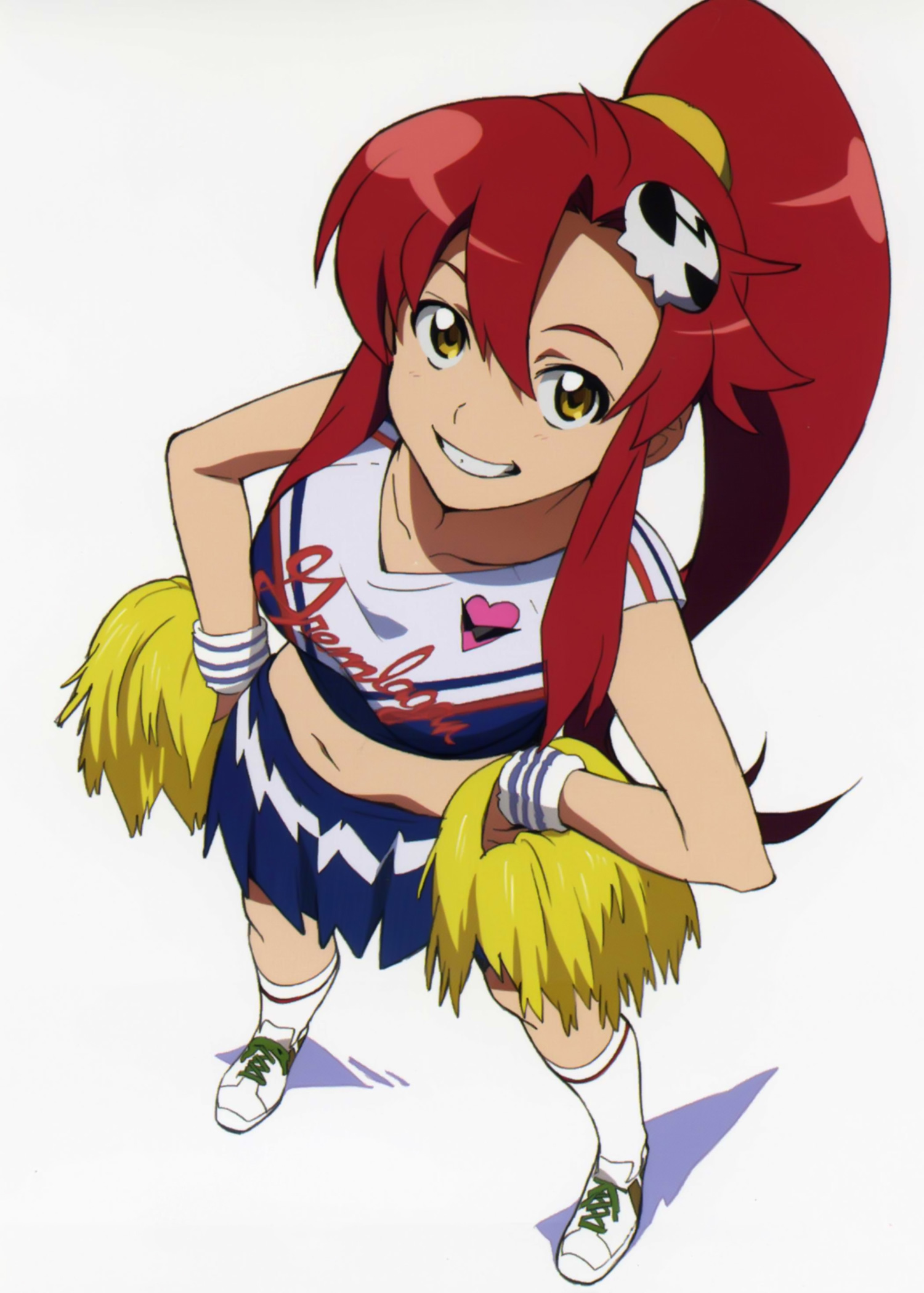 yoko littner, pieces of sweet stars, tengen toppa gurren lagann, highres, official art, scan, 00s, 1girl, cheerleader, female focus, from above, heart, kamina shades, long hair, pom pom (cheerleading), ponytail, red hair, solo, triangular eyewear, yellow eyes
