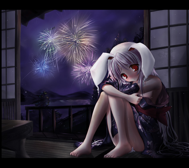scarlet (studioscr), reisen udongein inaba, touhou, 1girl, animal ears, barefoot, female focus, fireworks, indoors, letterboxed, rabbit ears, red eyes, sitting, sky, solo