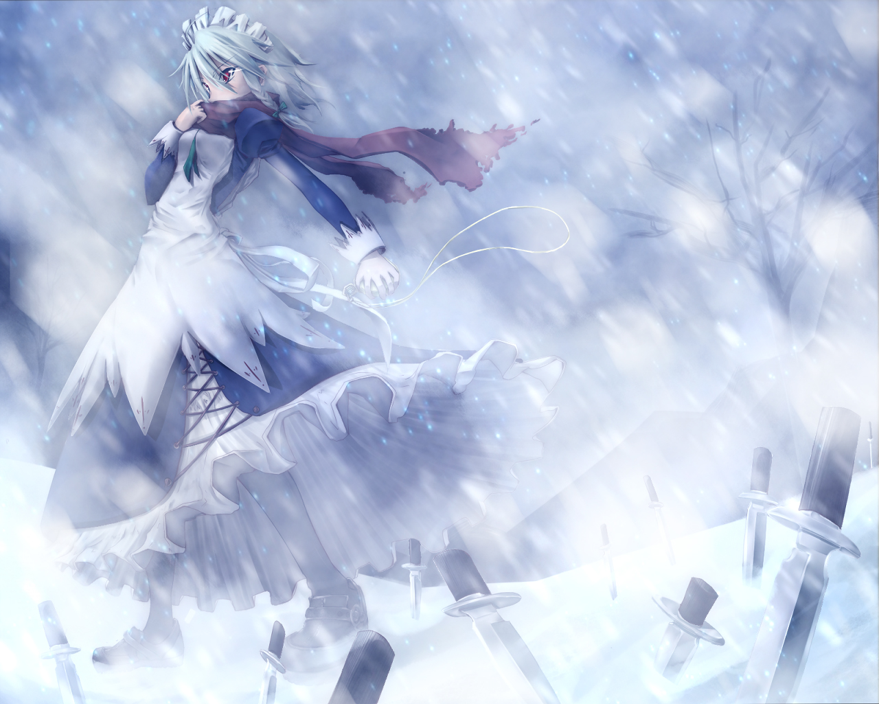 scarlet (studioscr), izayoi sakuya, perfect cherry blossom, touhou, 1girl, blue hair, braid, female focus, knife, maid, pocket watch, red eyes, scarf, short hair, snow, solo, throwing knife, watch, weapon