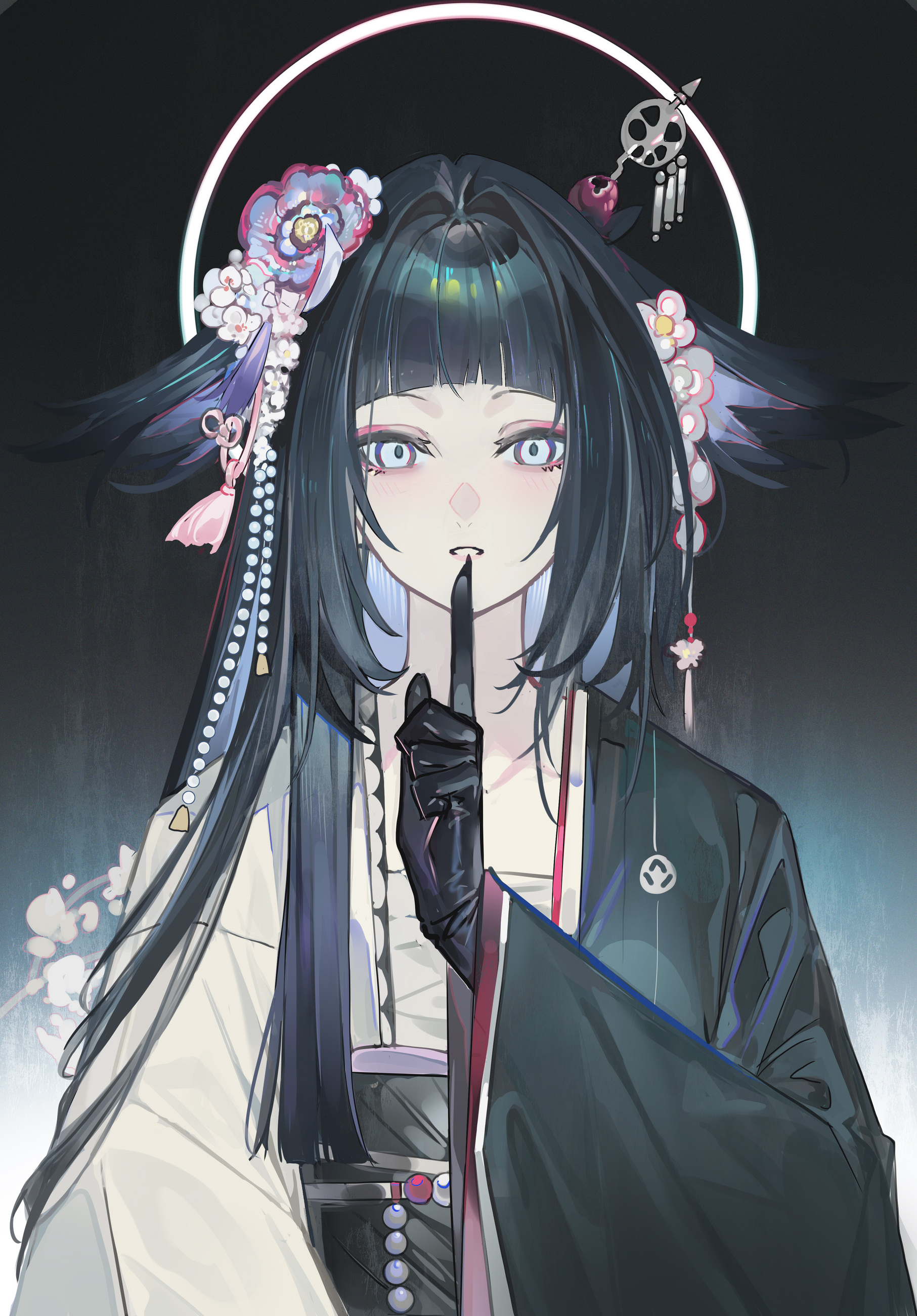echj, mio (arknights), arknights, absurdres, commentary request, highres, 1girl, arched bangs, black gloves, black hair, finger to mouth, flower, gloves, gradient background, hair flower, hair intakes, hair ornament, hair wings, halo, halo behind head, index finger raised, long hair, looking at viewer, parted lips, simple background, solo, straight-on, two-tone kimono, upper body, wide sleeves