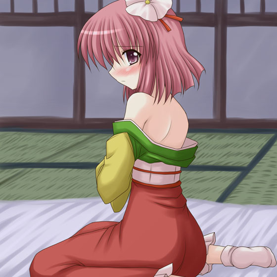 bococho, hieda no akyuu, perfect memento in strict sense, touhou, eyebrows, 1girl, back, bare shoulders, blush, female focus, flower, hair flower, hair ornament, heida no akyuu, japanese clothes, pink eyes, pink hair, short hair, single sock, sitting, socks, solo, tatami, undressing, wariza