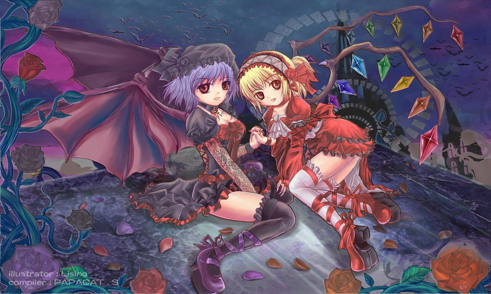 juuni chacha, flandre scarlet, remilia scarlet, touhou, cross-laced footwear, platform footwear, 2girls, alternate costume, bat (animal), bat wings, blonde hair, blue hair, breasts, cleavage, dress, female focus, flower, gothic lolita, hat, holding hands, leg ribbon, lolita fashion, mob cap, multiple girls, ponytail, red eyes, ribbon, rose, short hair, siblings, sisters, sitting, thighhighs, thighs, wings