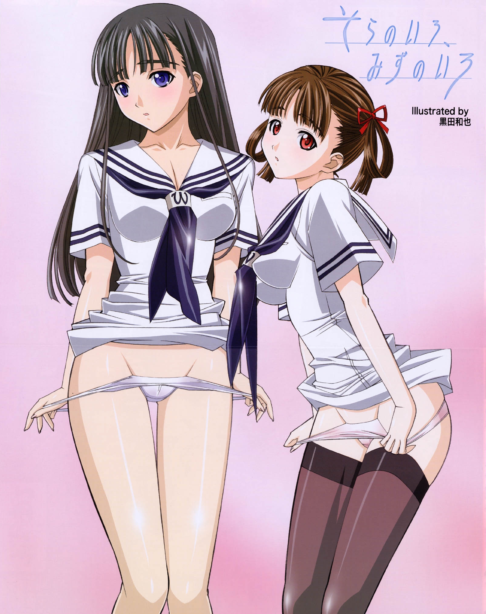 sorayama natsume, sora no iro mizu no iro, highres, 00s, black hair, blush, bottomless, brown hair, hairdressing, hip focus, legs, long hair, panties, panty pull, purple eyes, red eyes, sailor, school uniform, serafuku, short hair, thighhighs, thighs, underwear