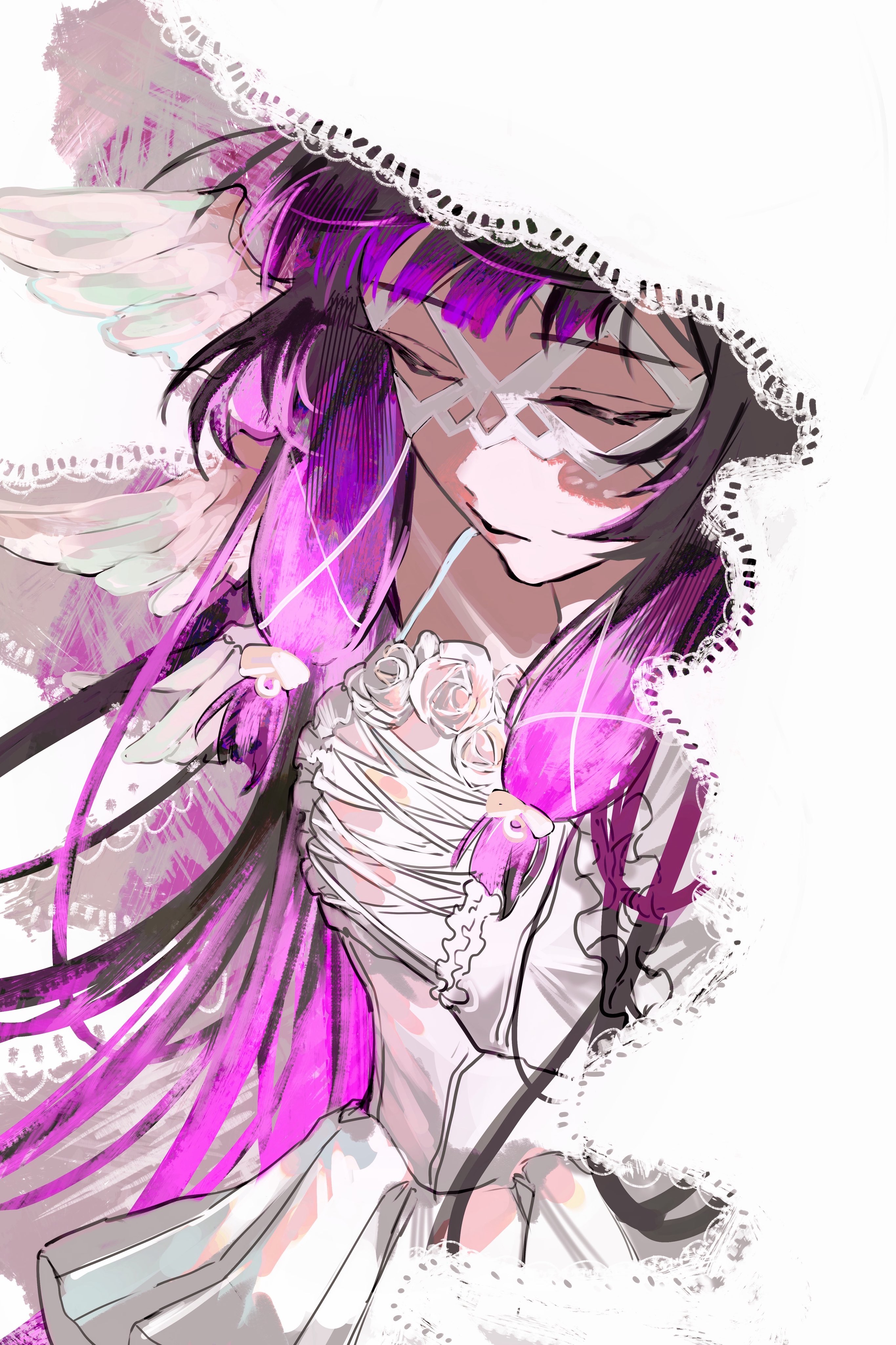 columbina (genshin impact), genshin impact, absurdres, highres, 1girl, black hair, closed eyes, closed mouth, dress, eye mask, flower, head wings, long hair, mask, multicolored hair, multiple wings, pink hair, rose, sa 3987, simple background, solo, two-tone hair, upper body, veil, white background, white dress, white flower, white rose, white veil, wings
