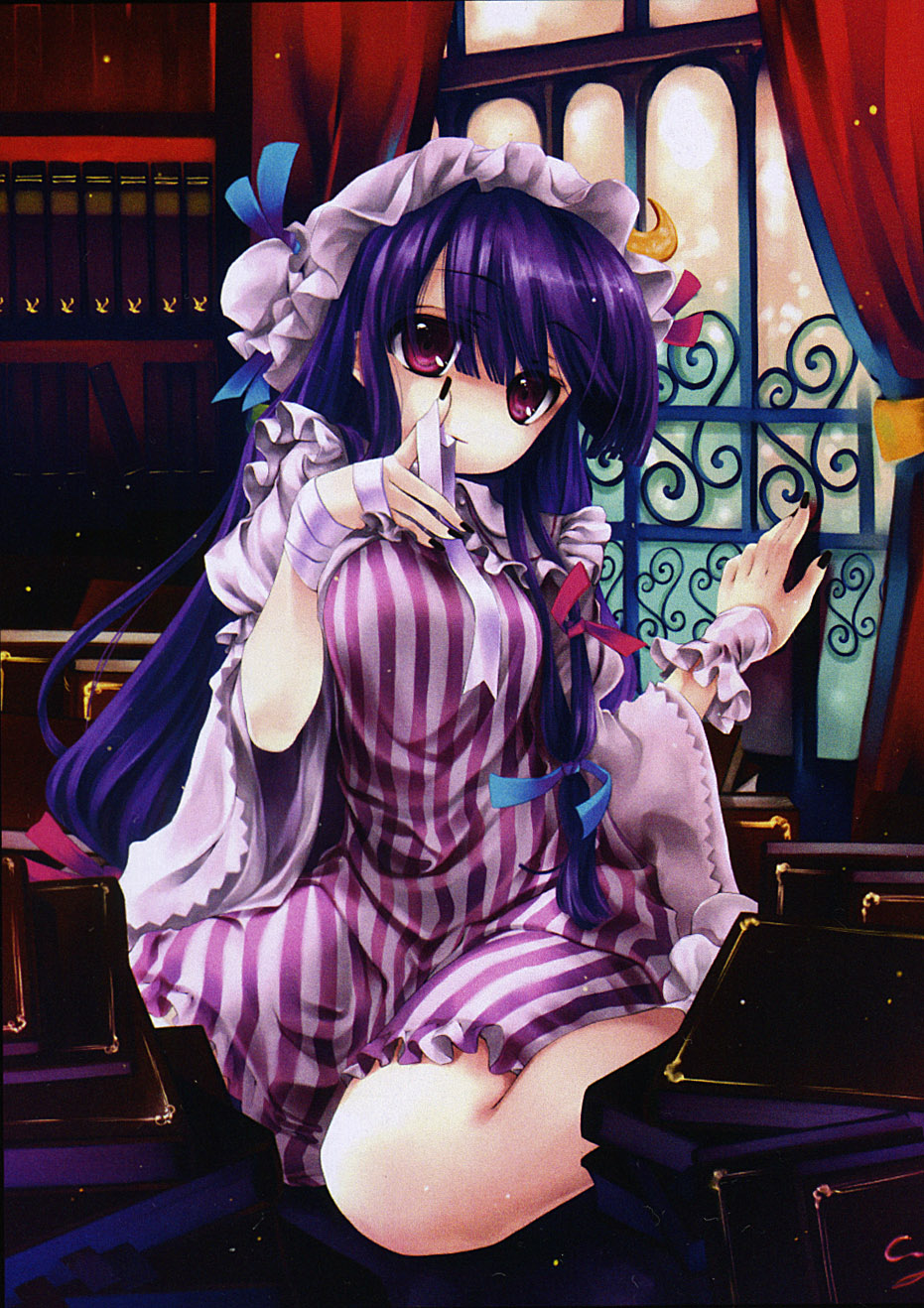 cradle (circle), kuroya shinobu, patchouli knowledge, touhou, highres, 1girl, black nails, blue hair, book, female focus, hair ribbon, hat, library, nail polish, purple eyes, purple hair, ribbon, solo, voile, window