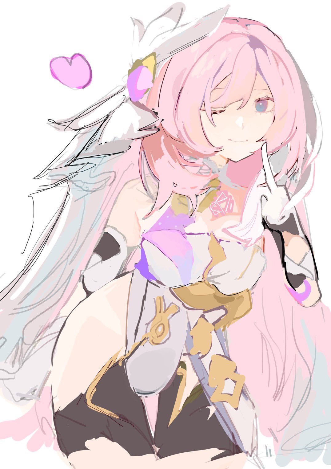 daisansha shiten, elysia (herrscher of human: ego) (honkai impact), elysia (honkai impact), honkai (series), honkai impact 3rd, hashtag-only commentary, highres, 1girl, ;), black gloves, breasts, corset, diamond-shaped pupils, diamond (shape), gloves, heart, large breasts, long hair, looking at viewer, one eye closed, pink hair, purple eyes, simple background, smile, solo, symbol-shaped pupils, veil, very long hair, white background, white corset, white gloves, white veil