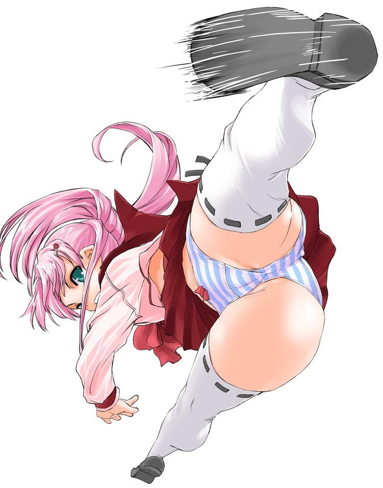 shinama, maaryan (to heart), to heart (series), to heart 2, 00s, 1girl, female focus, flying kick, high kick, kicking, panties, ribbon-trimmed legwear, ribbon trim, solo, split, standing, standing on one leg, standing split, striped clothes, striped panties, thighhighs, underwear, white thighhighs