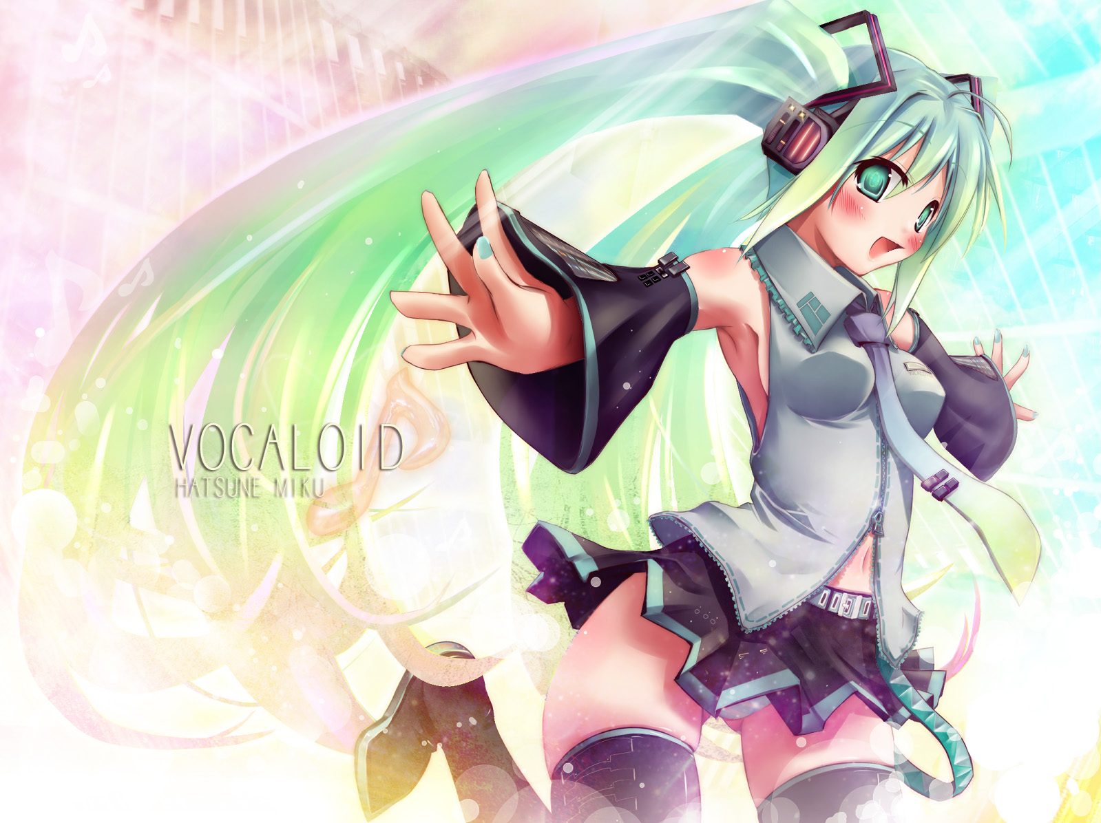 scarlet (studioscr), hatsune miku, vocaloid, 1girl, :d, ahoge, aqua nails, armpits, bare shoulders, black skirt, black thighhighs, blue necktie, breasts, character name, copyright name, detached sleeves, female focus, green hair, headphones, long hair, long sleeves, nail polish, navel, necktie, open mouth, outstretched arms, pleated skirt, shirt, sideboob, skirt, sleeveless, sleeveless shirt, smile, solo, thighhighs, twintails, very long hair, zettai ryouiki, zipper