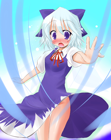 scarlet (studioscr), cirno, touhou, 1girl, blush, clothes lift, dress, female focus, gradient background, hair ribbon, no panties, purple eyes, ribbon, skirt, skirt lift, solo, tears, thighs, white hair