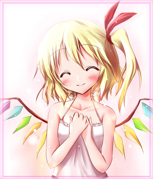 scarlet (studioscr), flandre scarlet, touhou, 1girl, ^ ^, alternate costume, blonde hair, blush, closed eyes, female focus, hair ribbon, head tilt, no headwear, own hands together, ribbon, short hair, side ponytail, smile, solo, wings