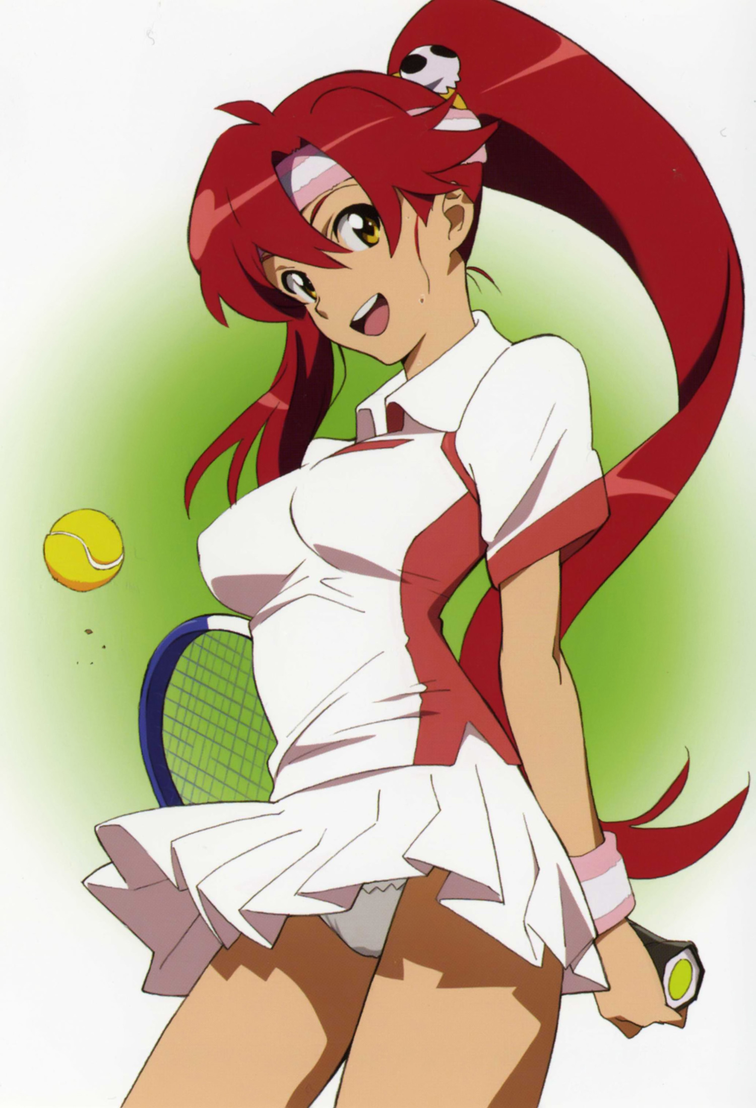 yoko littner, tengen toppa gurren lagann, duplicate, highres, official art, scan, 00s, ball, panties, pantyshot, ponytail, racket, red hair, skirt, tennis, tennis ball, tennis racket, underwear, yellow eyes