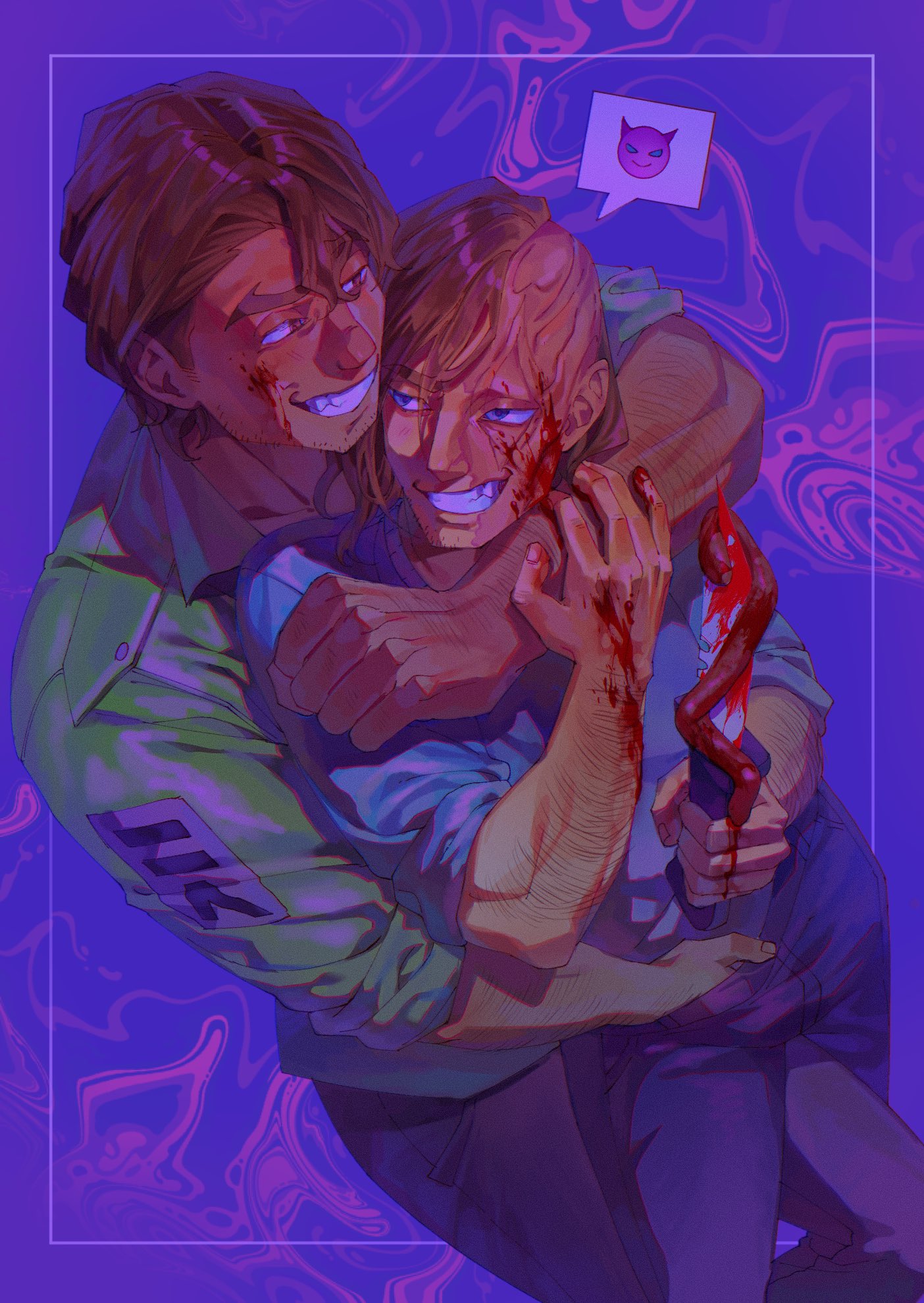 boyfriend to death, commission, highres, 1boy, 1girl, abstract background, arm hair, between legs, blood, blood on face, bloody knife, blue jacket, border, brown eyes, brown hair, commissioner insert, dark-skinned male, dark skin, feet out of frame, fingering, grabbing another's arm, green jacket, grin, hair slicked back, hand on another's crotch, hetero, holding, holding knife, jacket, knife, leaning on person, looking at another, narrowed eyes, outside border, sharp teeth, sitting on leg, sleeves rolled up, smile, soureeeee, spoken emoji, strade (boyfriend to death), strangling, teeth, white border