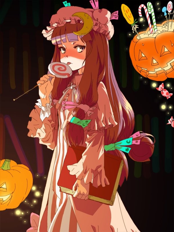 baro, patchouli knowledge, touhou, bad id, bad pixiv id, 1girl, book, candy, female focus, food, halloween, licking, lollipop, solo, swirl lollipop