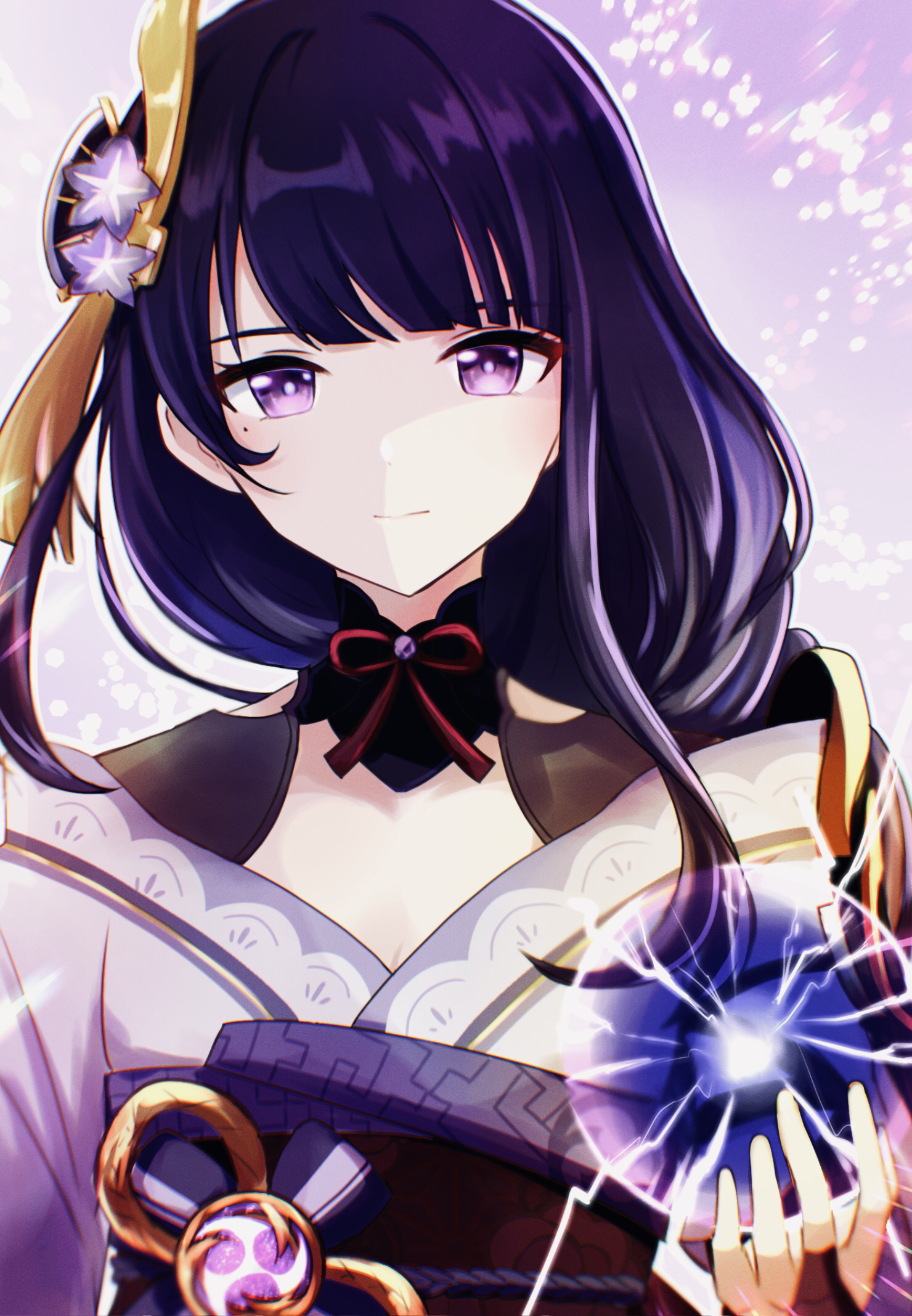raiden shogun, genshin impact, commentary request, highres, 1girl, 78 (uhjn2434), armor, blunt bangs, braid, breasts, bridal gauntlets, cleavage, closed mouth, clothing cutout, electricity, fan hair ornament, flower, flower ornament, glowing, hair ornament, head tilt, japanese clothes, kimono, large breasts, light blush, light particles, light rays, long braid, long hair, looking at viewer, mitsudomoe (shape), mole, mole under eye, multicolored hair, neck ribbon, off shoulder, outdoors, powering up, purple background, purple eyes, purple flower, purple hair, purple kimono, red ribbon, red sash, ribbon, sash, shade, shoulder armor, shoulder cutout, single braid, solo, streaked hair, tomoe (symbol), upper body